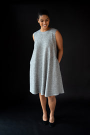 George tent dress sewing pattern. Designed by an independent pattern company. View B is collarless and sleeveless. Sample is made with grey boiled wool. Front view.