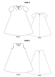 George tent dress sewing pattern. Designed by an independent pattern company. Flat sketches. View A with collar and inset sleeves. View B is sleeveless and collarless.